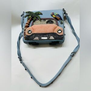 Mary Frances Rare Purse Leather Crossbody Beads Cadillac Handbag  Blue Pink NWOT